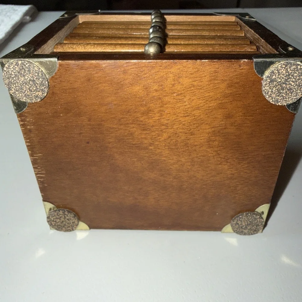 Vintage Wood‎ Cork Coaster Set 8 Mid Century Metal Trim Accents Handle